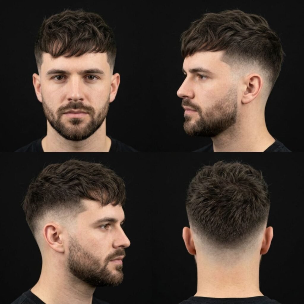 Messy Textured Fringe Low Taper Fade