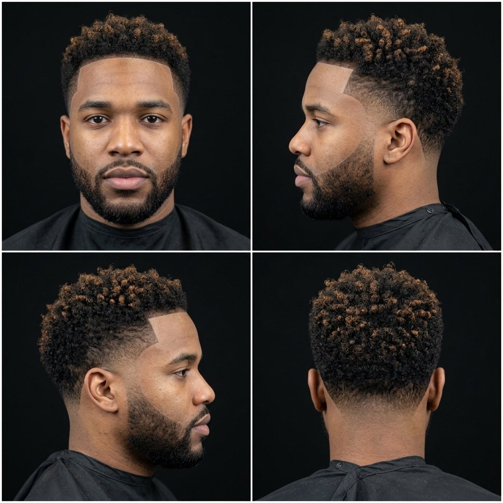 Short Coily Top with Highlights and Low Taper Fade