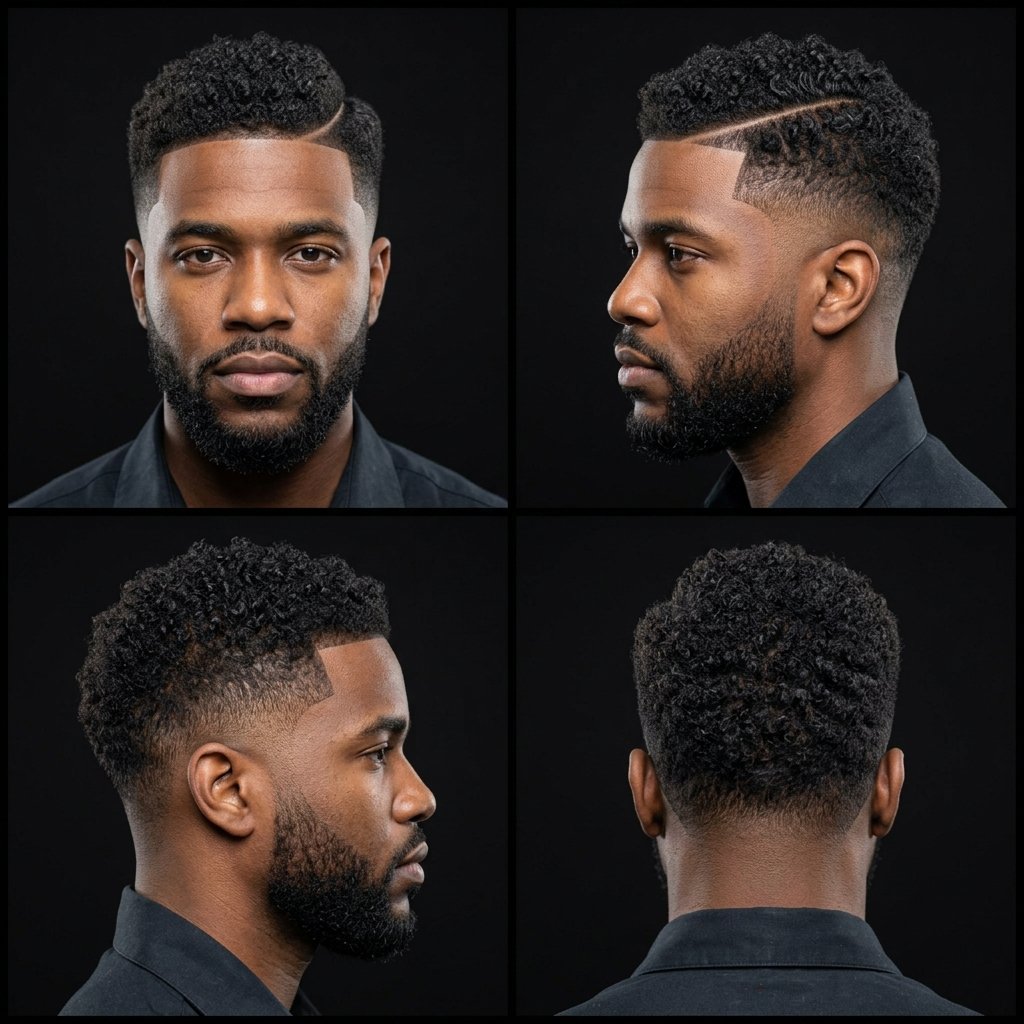 Low Taper with Curly Hard Part