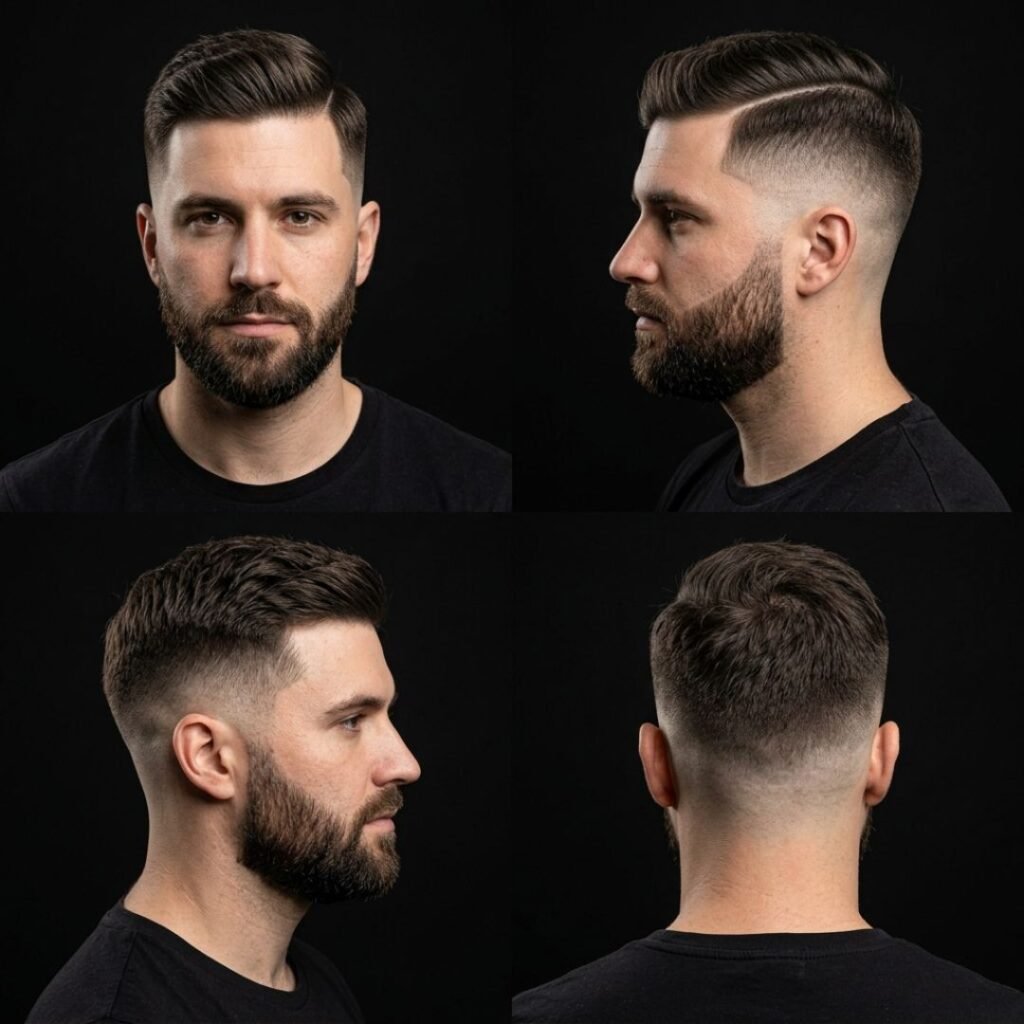 Side Part Skin Fade with Thick Hard Part and Blended Beard